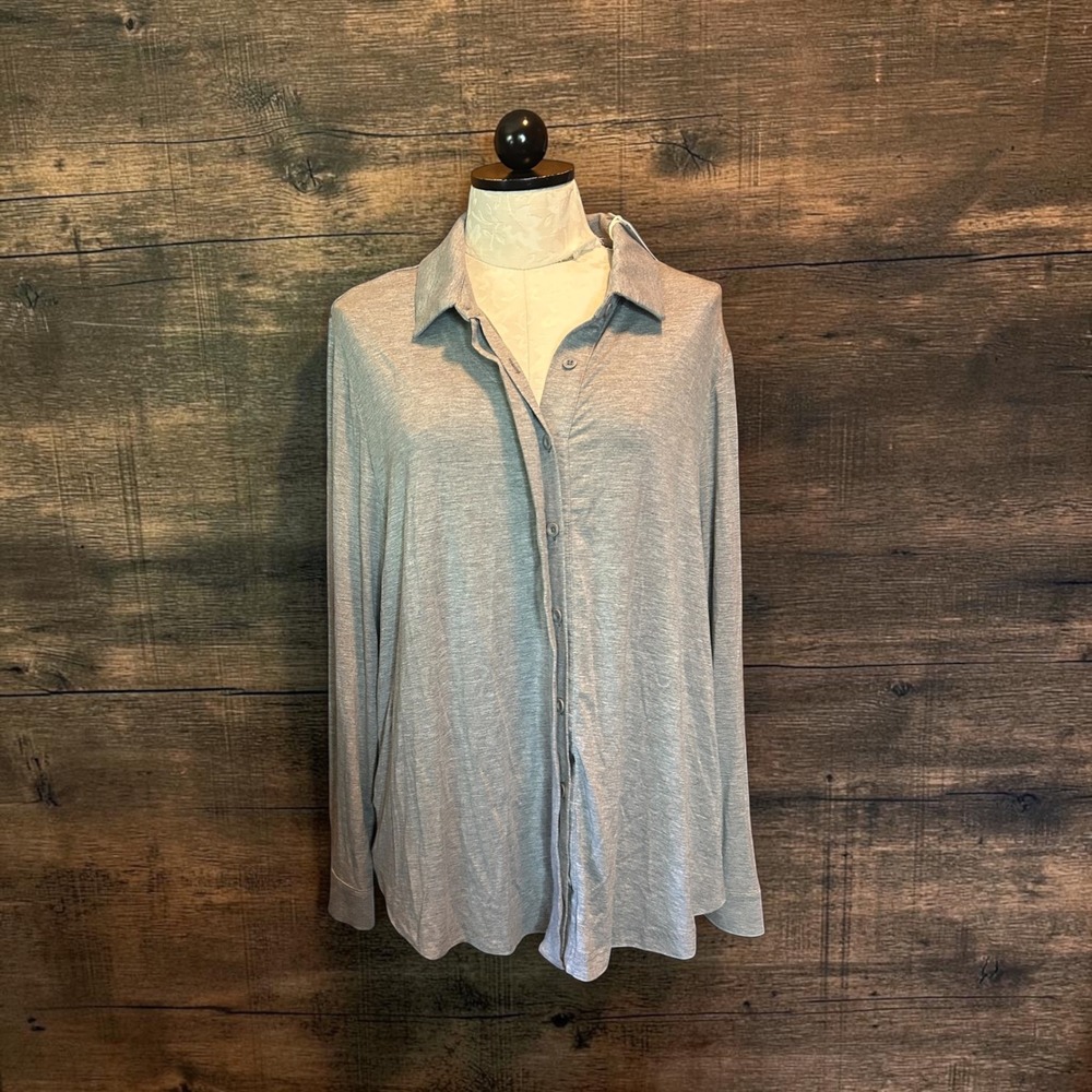 Cozy Earth Bamboo Stretch-Knit Collared Pajama Long-Sleeve Buttons Grey XL NWT